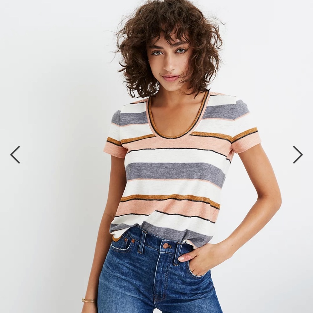 Madewell Striped Scoop Neck Tee in White, Gray, Blush & Mustard